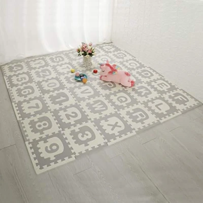 Image of LUVODI Foam Play Mat, Alphabet and Number Interlocking Jigsaw Puzzle Floor Tiles Infants Learning Crawling Mat for Playrooms, Nurseries, Classrooms More, 36 Pcs Gray 1.2cm Thick, 174 x cm
