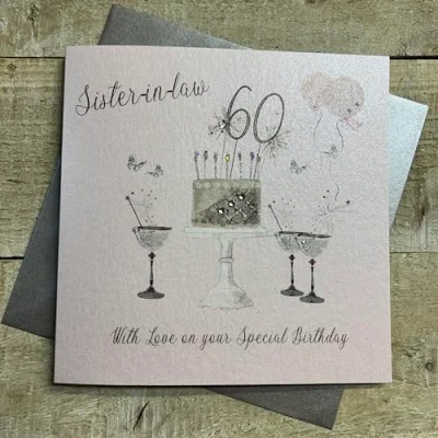 Image of WHITE COTTON CARDS Happy 60th Birthday Card Sister in Law Champagne Glasses Pink Roses SS42 SIL60, 16cm x