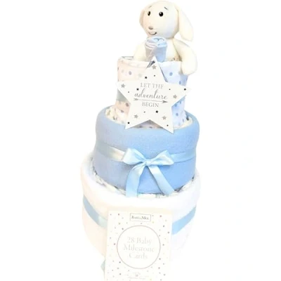 Image of New Born Baby Boy Gift &amp; Parents for Blue with Organic Bunny Hamper Nappy Cake Set