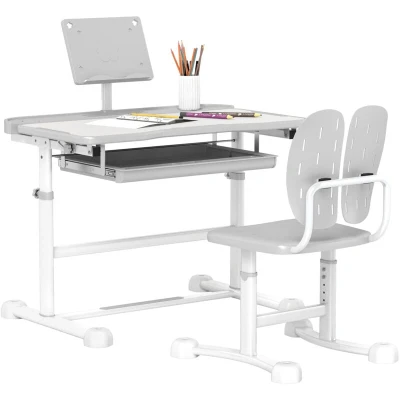 Image of AIYAPLAY kids Desk and Chair Set, Height Adjustable School Study Table Set with Tilted Desktop, Storage Drawer, Book Stand, for Writing Reading, Aged 3 12 Years, Grey