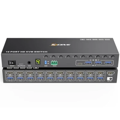 Image of 10 Port 8 KVM Switch HDMI 4K@60Hz EDID Simulation, USB 3.0 for Computers Share 1 Monitor and Keyboard mouse, Switches with Audio RS232 Wired Remote 12V Power Cable