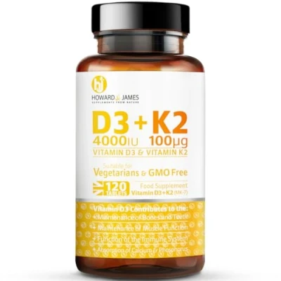 Image of HOWARD &amp; JAMES Vitamin D3 4000iu Plus K2 100ug 120 High Strength Vegetarian Tablets