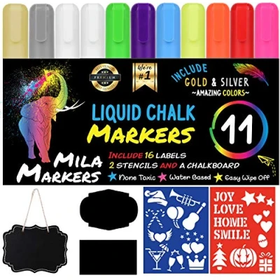 Image of Mila 11 Multicolored Liquid Chalk Markers Includes Mini Chalkboard, 16 Labels &amp; 2 Stencils Erasable, Non Toxic, Water Based 6 mm Reversible Tip On Glass, Blackboards More For Kids Adults