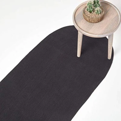 Image of HOMESCAPES Black Handmade Braided Oval Hallway Runner &amp; Living Room Woven Cotton Large Rug, 66 x 200 cm