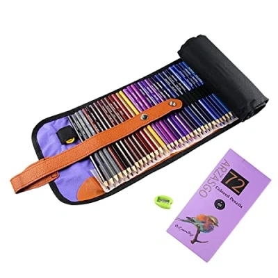 Image of ARZASGO 72 Coloured Pencils Set, Artist Colouring for Adult Books, Sketch, Premier Drawing with Folding Canvas Pencil Bag and Sharpener