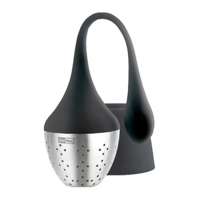 Image of AdHoc TE52 HANGTEA Tea Infuser Stainless Steel/Silicone Loose Leaf Filter, With Drip Collector Stand, Easy Refill (H) 115 mm x (D) 40 Black