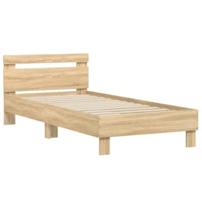 Image of vidaXL Single Bed Frame with Headboard Sonoma Oak Finish 100x200 cm Engineered Wood Bedroom Furniture Plywood Slats