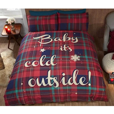 Image of Baby It&#039;s Cold Outside Tartan Checked Quilt Duvet Cover and Pillowcase Bedding Bed Set, Red, Single