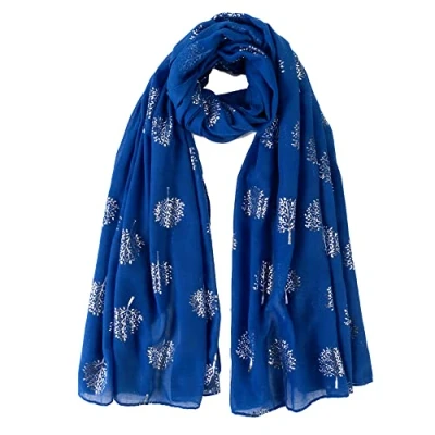 Image of London Scarfs Glitter mulberry Trees Scarf Women Foil Printed Tree Fashion Ladies Wrap (Royal Blue With Silver Tree)