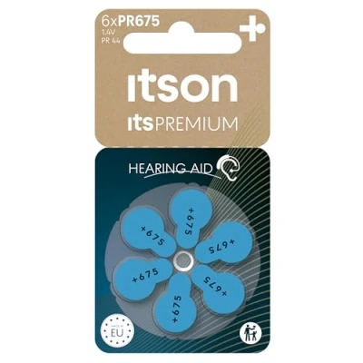 Image of ITSON, zinc air battery for over ear and in hearing aid devices, pack of 6, plastic free packaging, PR675(44) IT/6RM