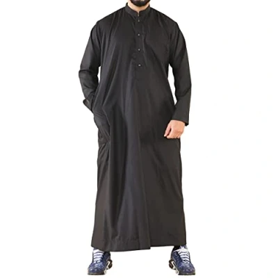 Image of Mens Thobe Jubba Nehru Stand Collar Islamic Clothing Muslim Cotton Kaftan Dress Robe Saudi Black XL 58
