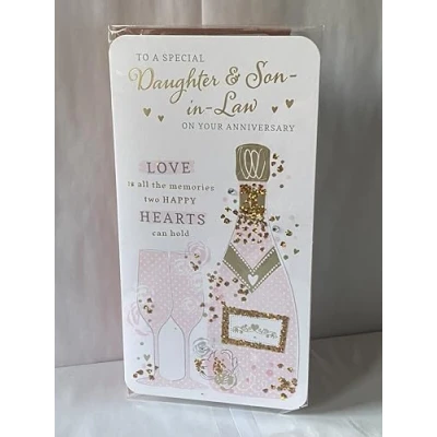 Image of To A Special Daughter &amp; Son In Law On Your Anniversary Wedding Card Pink/Silver Champagne/Flutes/Words Gems/Foil Detail(PRELUDE47276)