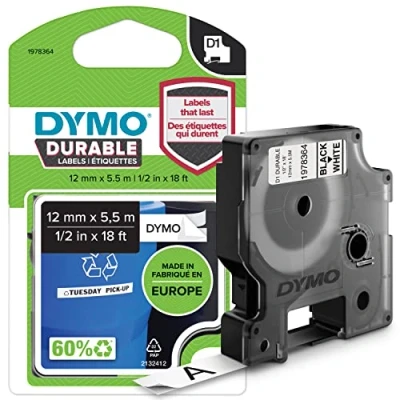 Image of DYMO Authentic D1 Durable Labels Black Print on White Tape 12 mm x 5.5 m High Performance Label for LabelManager Makers