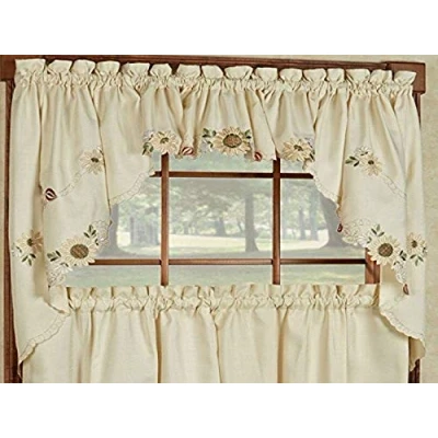 Image of Sweet Home Collection Sunflower Cream Embroidered Kitchen Curtains Swag Pair
