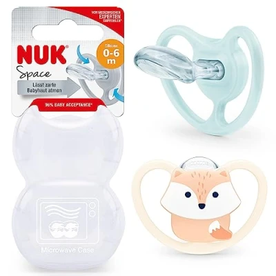 Image of NUK Space Baby Dummy 0 6 Months Soothers with Extra Ventilation for Sensitive Skin BPA Free Silicone Fox 2 Count