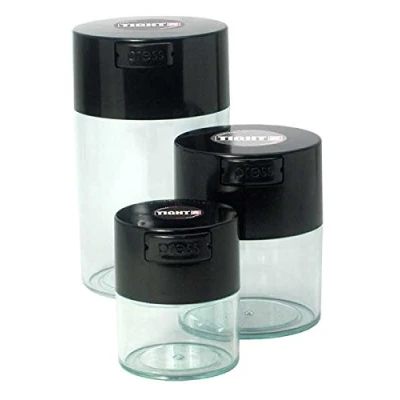 Image of Tightvac Set of 3 Patented Airtight Container Multi use Vacuum Works as Smell Proof Containers for Herbs and Dry Goods. Black Caps Clear Bodies