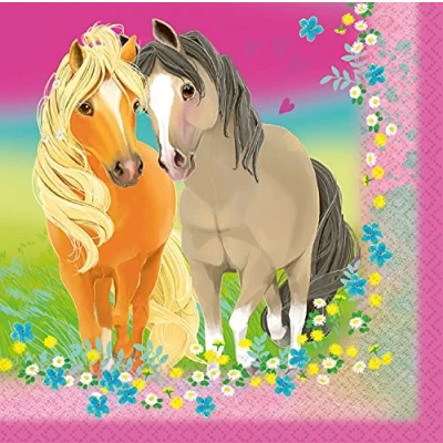 Image of Amscan 9911588 Paper Napkins Pretty Pony Pack of 20 Size 33 x cm Ponies and Flowers Table Decoration Children&#039;s Birthday Theme Party