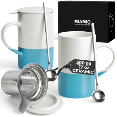 Image of MIAMIO Tea Cup Set 2 x 500 ml with Infuser and Lid/Ceramic Mug Spoon for Steeping Loose Leaf Tea, Gifts Lovers Microwave &amp; Dishwasher Safe (Blue)
