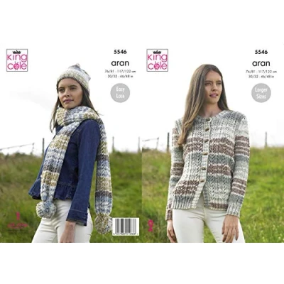 Image of King Cole 5546 Knitting Pattern Womens Cardigan Hat &amp; Scarf in Drifter Aran