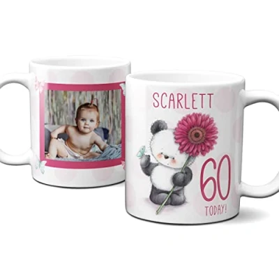 Image of Thoughtful Gifts Cute Teddy Personalised Photo 60th Mug, Birthday Mug for 60 Year Old Woman, Cup Birthday, Gift