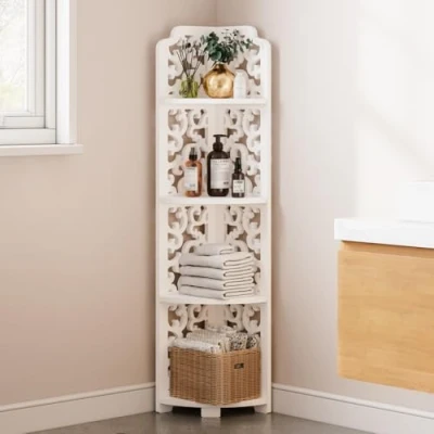 Image of Dripex White Corner Shelves Free Standing Shelf Floor Storage Unit for Bathroom, Living Room, Bedroom, Kitchen, Balcony or Office(4 Tier Baroque)