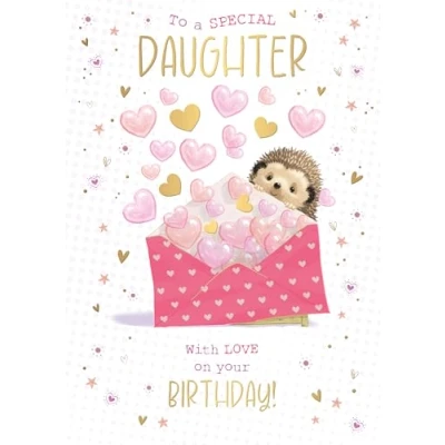 Image of Words &#039;n&#039; Wishes Special Daughter Large Birthday Card for Girls Hedgehog and Love Heart Envelope with Foil Details Eco Friendly