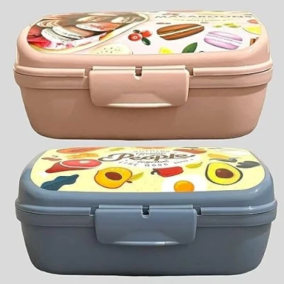 Image of 4All Colourful Plastic Lunch Box Set of 2 BPA Free Portable Meal School Bento On The Go Food for Snacking and Microwave Dishwasher Safe 2(Blue,Pink)