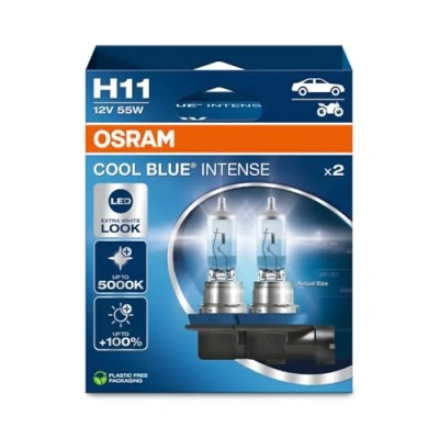 Image of OSRAM COOL BLUE® INTENSE H11, +100% more brightness, up to 5,000K, halogen headlight lamp, LED look, Hanging folding box (2 lamps)