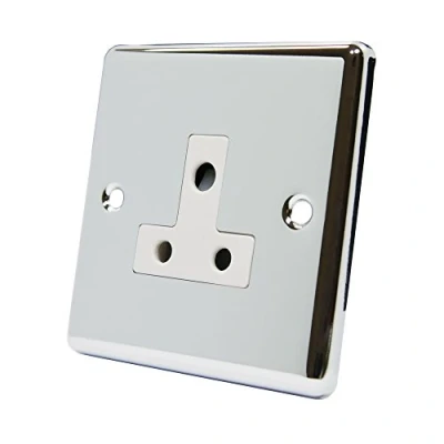 Image of Polished Chrome Classical Round Pin 5 Amp Socket White Insert 1 Gang Unswitched Plug