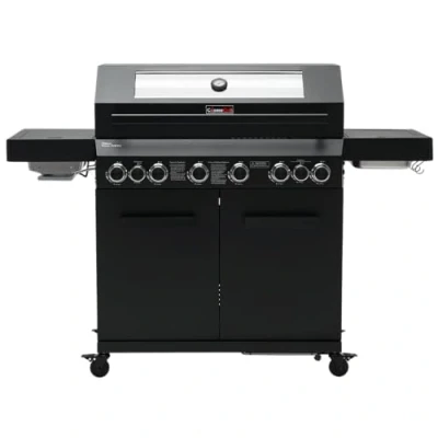 Image of CosmoGrill 8 Burner Platinum Yamara Dark 6+2 Gas BBQ, Viewing Glass, 4 Main Burners, 1 Ceramic Sear Burner, Back Cast Iron Grills &amp; Bamboo Storage (Black)