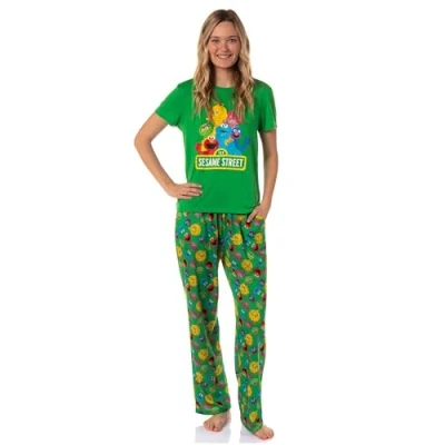 Image of Sesame Street Women&#039;s Elmo And Friends Cookie Monster Distressed Print Sleep Pajama Set, Green, L