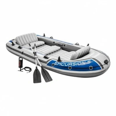Image of Intex Water Sports Excursion 5 Inflatable Dinghy Man Boat with Aluminium Oars and Pump, Grey, 366 x 168 43 cms UK