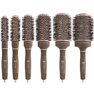 Image of Kobe Professional Heat Retaining Ceramic &amp; Ionic Round Hair Brush For Blow Drying With Nanotechnology Barrel Set of 6 Dry Brush,Curling Styling, Straightening Detangling