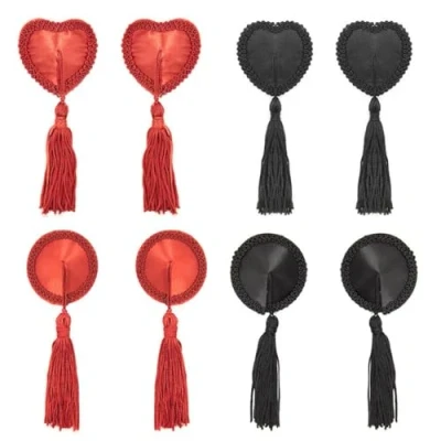 Image of Nipple Covers Invisible Stickers Reusable Silicone Pasties Strapless Adhesive Bra Breast Petals with Tassel Cover for Women (Red)