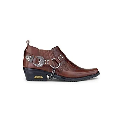 Image of Mens Real Leather Cowboy Riding Shoes Belt Chain Western Heel Dancing Brown 8
