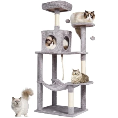 Image of VEVOR Cat Tree for Indoor Cats, 56.2&quot; Tower with Condo, Sisal Scratching Post, Hammock, Top Perch, Jumping Platforms, Large House Hang Ball, Furniture Activity Center, Light Grey