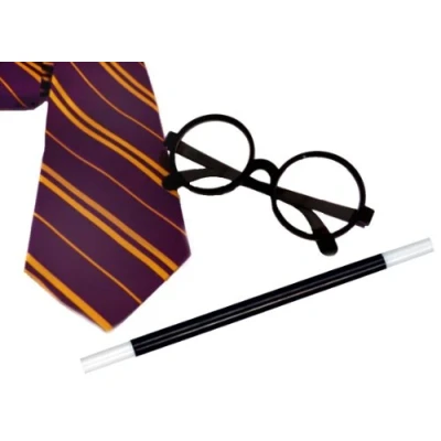 Image of WIZARD SET FANCY DRESS ACCESSORY COSTUME SCHOOL BOY TIE + ROUND GLASSES MAGICIAN WAND OUTFIT