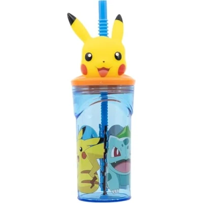 Image of Pokemon 3D Figurine Tumbler with Straw 360ml BPA Free Plastic Kids Cup Official Pikachu Design Reusable Character Drinkware for School, Picnics, or Travel