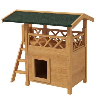 Image of PawHut Outdoor Cat House with Balcony Stairs Roof Natural Wood Finish