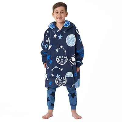 Image of Dreamscene Space Print Oversized Hoodie Blanket Sweatshirt Soft Sherpa Fleece Throw Cosy Wearable Hooded Big Jumper Childrens Kids Navy Blue, One Size Fits All