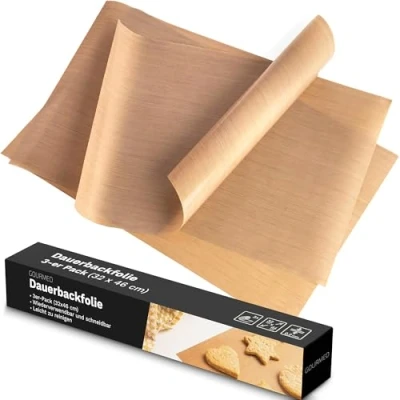 Image of GOURMEO Non Stick Baking Sheet Set of 3 Heat Resistant &amp; Reusable Mat Liners 32 x 46 cm Oven Sheets for Kitchen Essentials