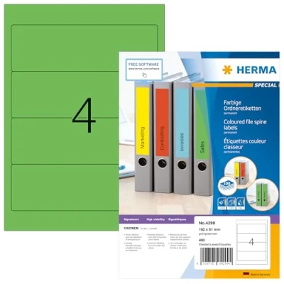 Image of HERMA Self Adhesive Spine Labels, 4 Labels per A4 Sheet, 100 Sheets, 192 x 61 mm, 400 Blank Lever Arch File Folder Stickers, Sticky for Laser &amp; Inkjet Printer, Green