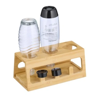 Image of Drying Rack for 3 Bottles, Holder Compatable with Sodastream, Bamboo, Stand Drip Tray, Natural Relaxdays