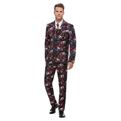 Image of Smiffys Saw Stand Out Suit, Black with Jacket, Trousers &amp; Tie, Officially Licensed Fancy Dress, Adult Dress Up Costumes