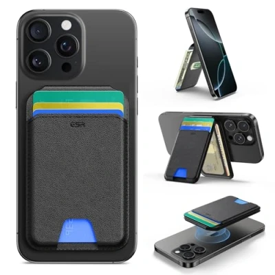 Image of ESR Magnetic Wallet, Compatible with MagSafe iPhone Wallet Adjustable Stand, for 16/15/14/13/12 Series, Not 13/12 Mini, 3 Card Holder, Vegan Leather, Black