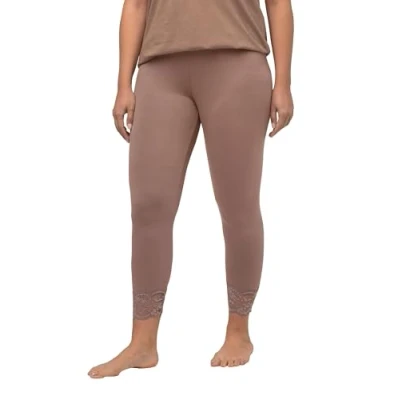 Image of Ulla Popken Women&#039;s Viscose Jersey Lace Hem Leggings, Taupe, 36W / 32L