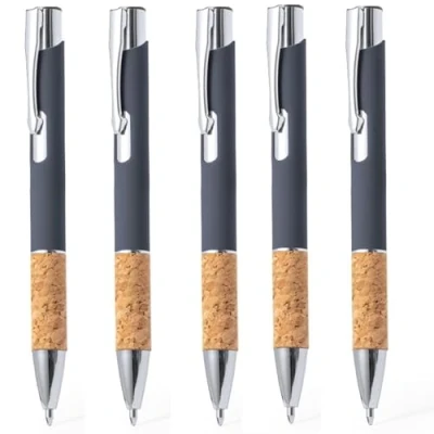 Image of noTrash2003 10 Ergonomic Ballpoint Pens Rubberised Aluminium Metal Tip and Cork Grip Zone Touch Function 5 Colours Stylus Retractable Pen Multicoloured Blue Ink (Grey)