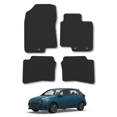 Image of Rubber Car Mats Compatible with Hyundai I20 (2015 2020) [Press Stud] Tailored Fit Floor Set Accessory Black Custom 4 Pieces Clips Anti Slip Backing, Heavy Duty &amp; Waterproof