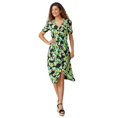 Image of Roman Originals Swing Tea Dress for Women UK Ladies Skater Midi A Line Fit &amp; Flare Summer Casual Smart Spring Cocktail Party Holiday Going Out Work Cruise Button Through Long Green Size 10
