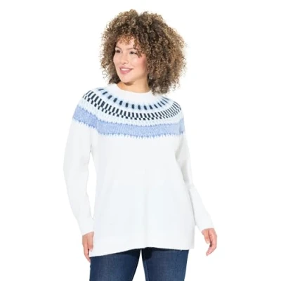 Image of Ulla Popken Womenswear Plus Size Curvy Norwegian Inspired Long Sleeve Knit Sweater Snow White 50+ 824410200